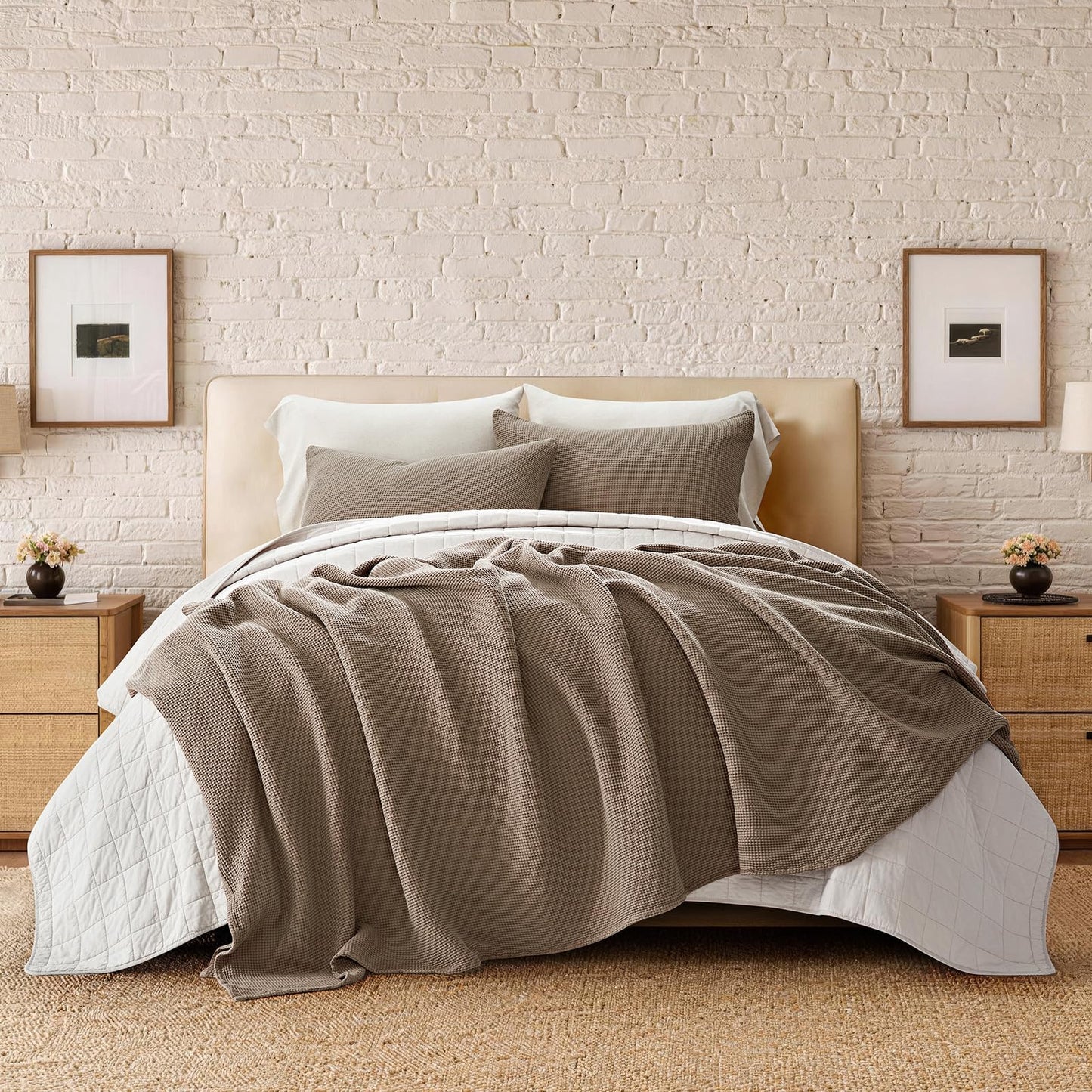 EverGrace 100% Cotton Waffle Bed Blanket King Size, Soft Premium Cotton Coverlet Set with 2 Matching Shams, Lightweight All Season Bedding Set, Oversized Bedspread 108x96, Truffle Taupe Brown