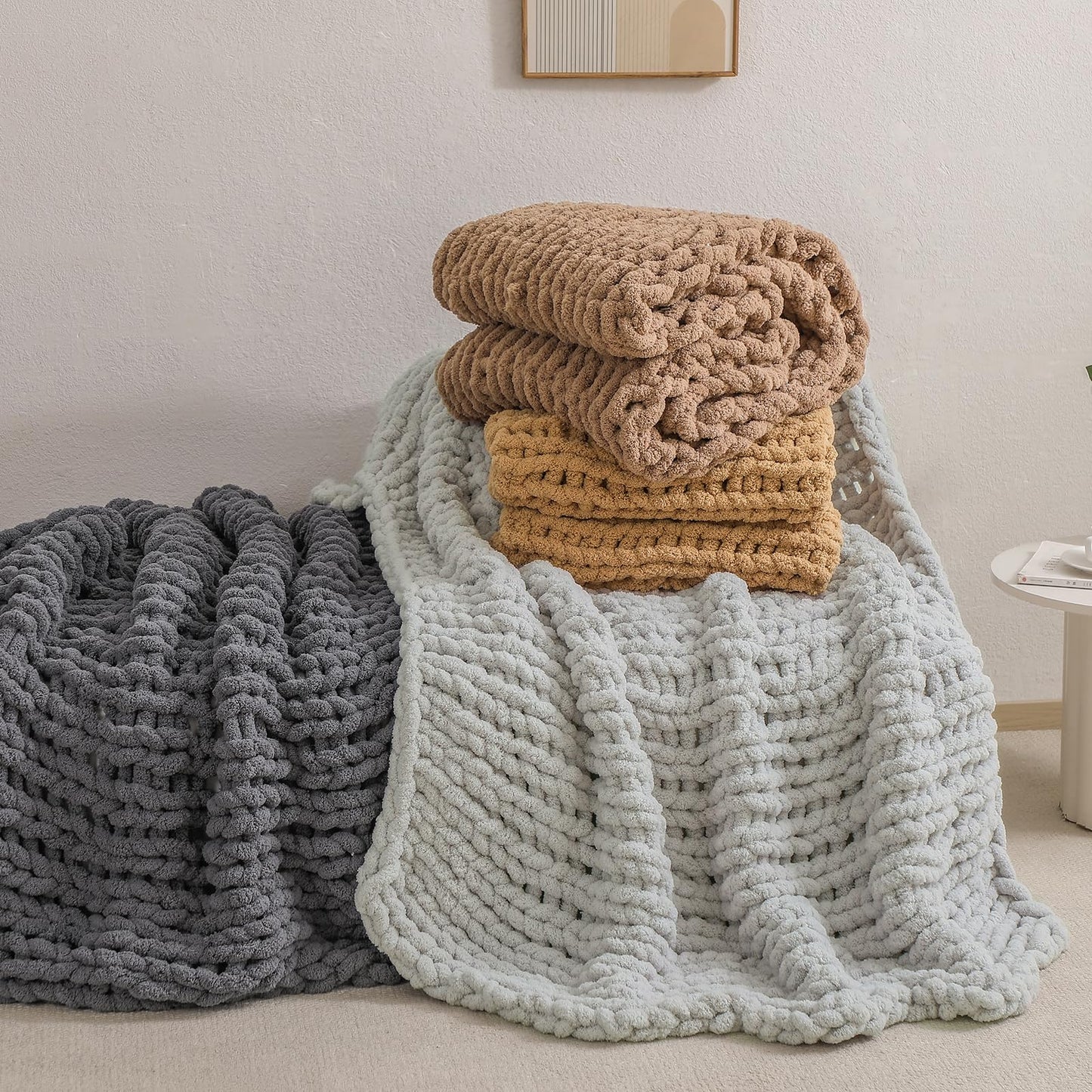 bearberry Chunky Knit Throw Blanket 50x60 Inches Handmade, Soft Jumbo Chenille Yarn with Cable Rope Knot Design | Thick Cozy Large Blanket for Couch, Sofa, Bed & Living Room Home Decor | Light Grey