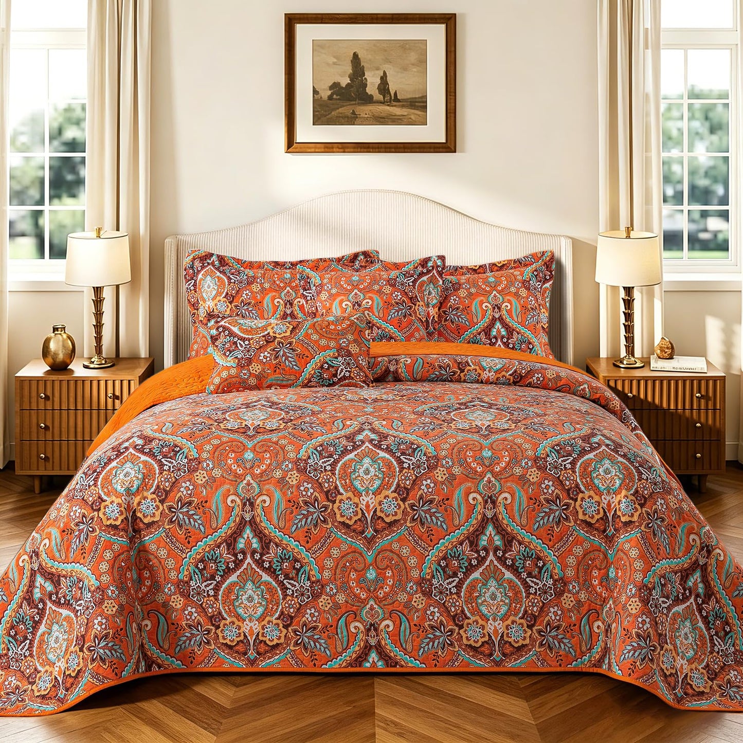 TWINRUN Cotton California King Quilt Set (108 x 118 Inch), 3 Pieces Floral Style California King Quilt, Lightweight Cotton Oversized King Bedspreads, Bedding Coverlet for All Seasons