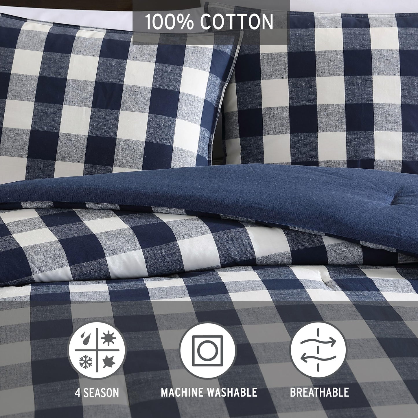 Eddie Bauer - Queen Comforter Set with Shams, Cotton Reversible Bedding, Medium Weight All-Season, Lakehouse Plaid Blue