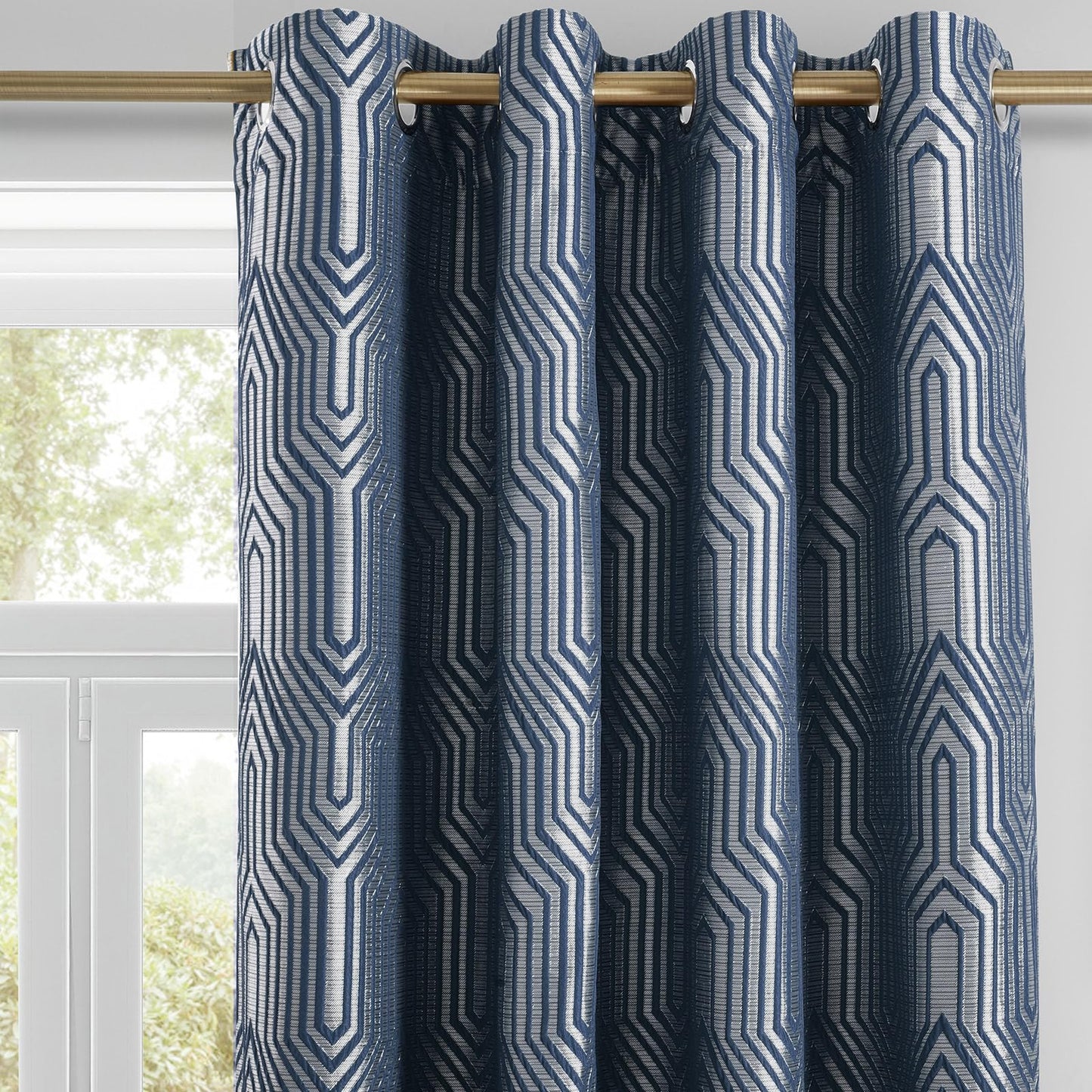 Indigo Blue and Silvery 100% Blackout Jacquard Geometric Pattern Curtains,52 Inch Wide 96 Inch Length 2 Panels, Thermal Insulated Noise Reducing Anti-Rust Grommet Drapes for Bedroom Living Room
