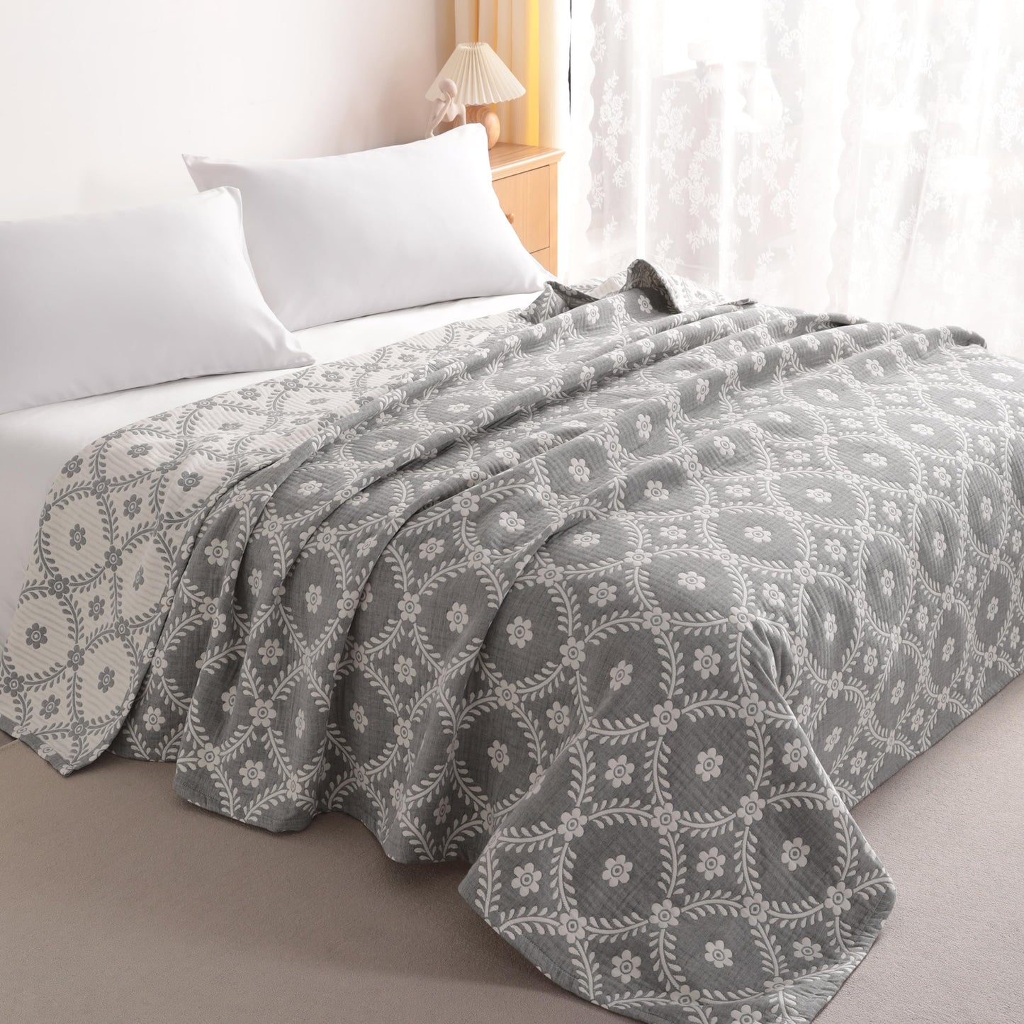 NTBAY 3 Layers Cotton Muslin 106x92 King Bed Blanket, Super Soft Breathable Thermal Yarn Dyed Quilt for Adults, Perfect Lightweight Blanket for Couch Sofa Bed All Seasons, Grey Garlands