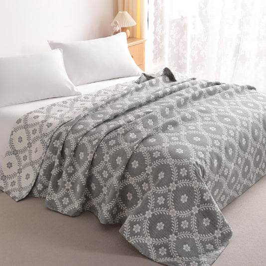 NTBAY 3 Layers Cotton Muslin 106x92 King Bed Blanket, Super Soft Breathable Thermal Yarn Dyed Quilt for Adults, Perfect Lightweight Blanket for Couch Sofa Bed All Seasons, Grey Garlands