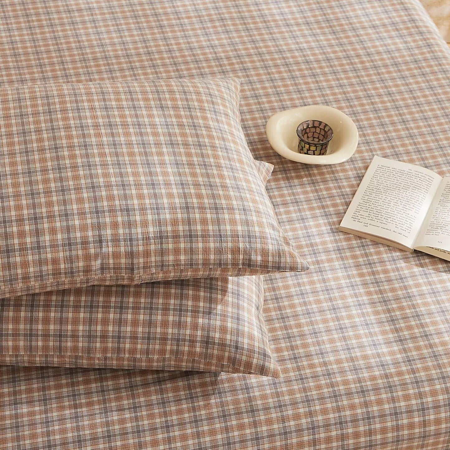 AMZTOP Plaid Queen Size Duvet Cover Set 100 Cotton,1 Duvet Cover and 2 Pillowcases,Soft Comfy Breathable Comforter Covers Bed Set,Washed Cotton Zipper Closure Queen Bedding 90"×90"
