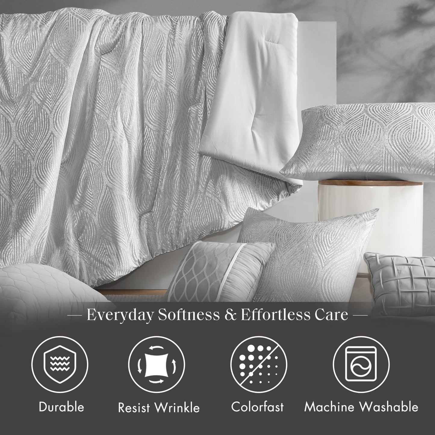 Madison Park 7-Piece Velvet Comforter Set, Jacquard Bedding Sets for All Season, Includes Comforter, Bed Skirt, Pillow Shams and Decorative Pillow, Queen/King/Cal King, Nocturne, Grey