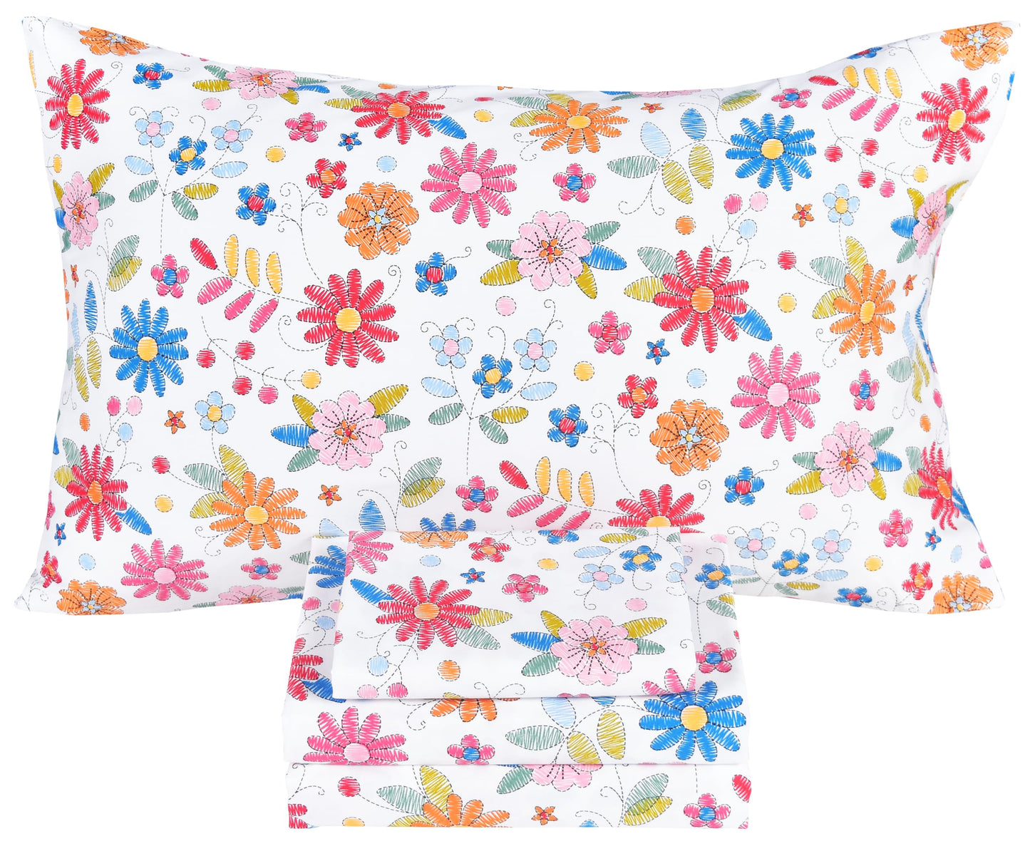 Scientific Sleep Kids Hand Sketch Flower Leaves Pastoral Garden Cute 100% Cotton 4 Pcs Full Bed Sheet Set Kids Toddler Teen, Flat Sheet & Fitted Sheet & Pillowcase Girls Bedding Set