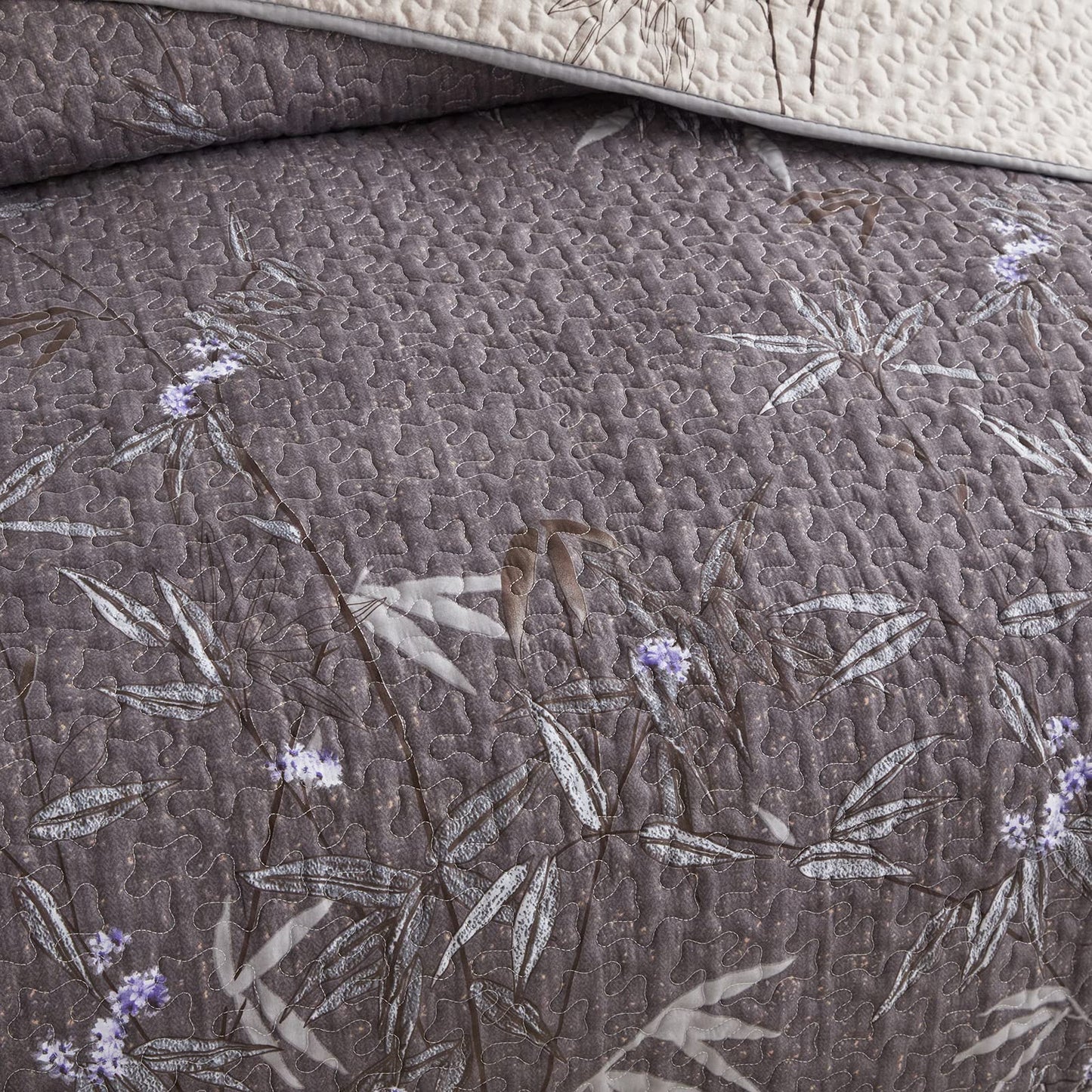 Flysheep Quilt Set 3 Pieces Full/Queen Size, Black Leaves Botanical Design Reversible Bedspread Coverlet Set, Soft Microfiber Lightweight Bed Cover for All Season (90" x 90", 1 Quilt+ 2 Pillow Shams)