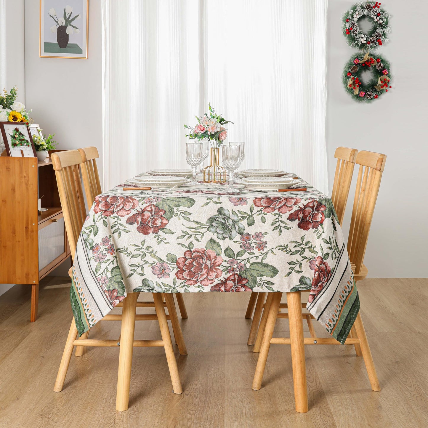 Dimatic Cotton and Linen Rectangular Tablecloth with Red Rose Pattern, Suitable for Kitchen Dining Table, Home Table Cloth and Holiday Decoration, 55 x 86 Inches