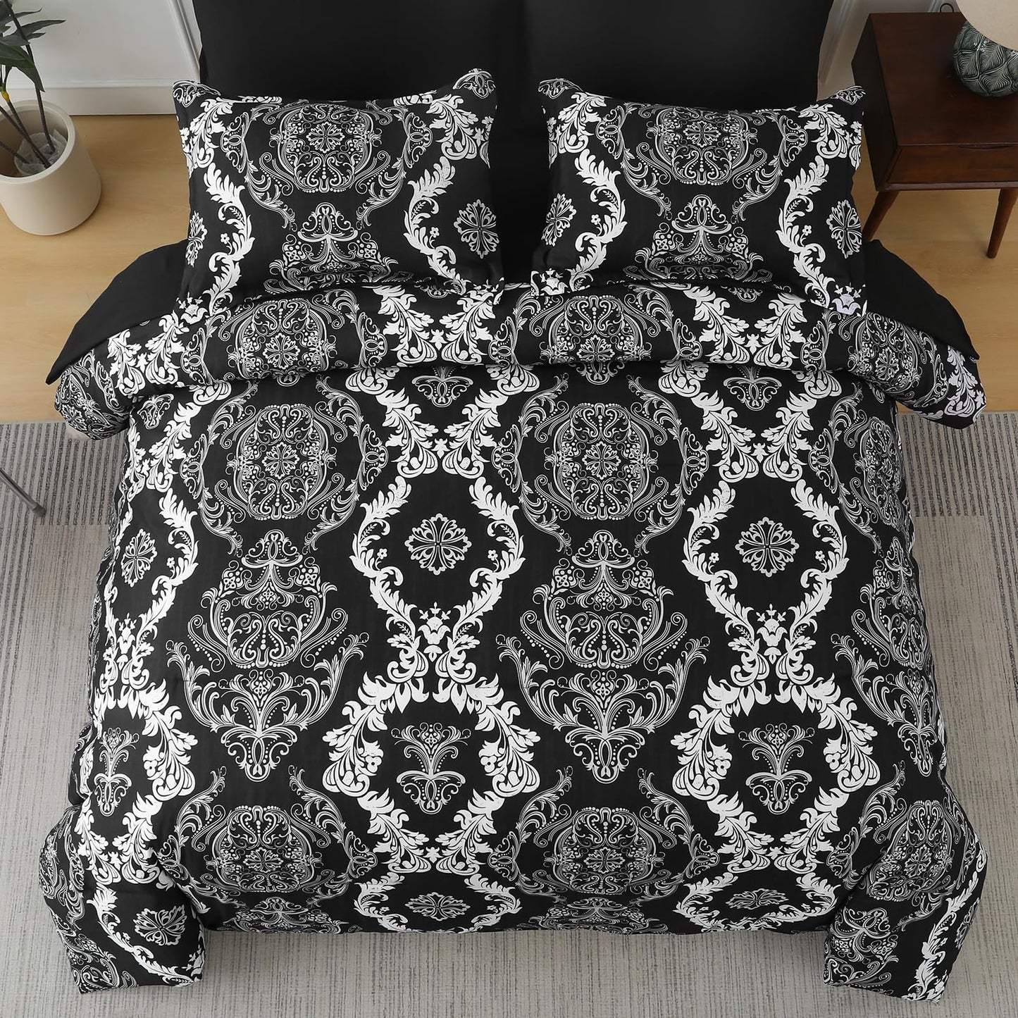 WONGS BEDDING 7 Pieces Comforter Set Queen Size, Black White Texture Bedding Set for All Season, Damask Soft and Breathable Bed in a Bag with Comforter, Flat Sheet, Fitted Sheet, Pillowcases & Shams