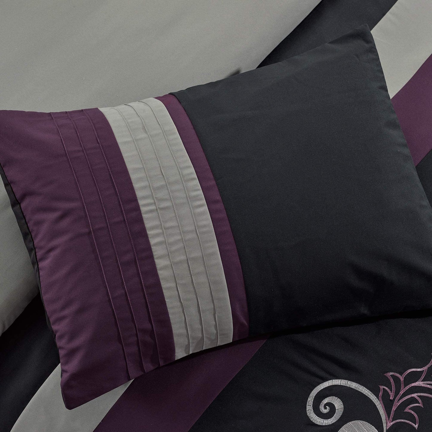 Chezmoi Collection Napa 7-Piece Luxury Leaves Scroll Embroidery Bedding Comforter Set (King, Purple/Black/Gray)