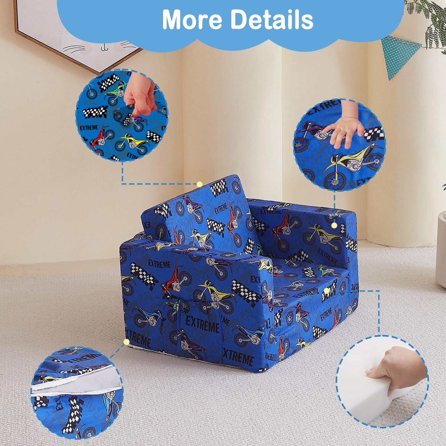 lasoftan Toddler Couch, 2-in-1 Soft Kids Couch Bed Fold Out, Toddler Chairs Comfy for Boys & Girls, Convertible Kids Sofa to Lounge for Playroom, Gift for Birthday, Children's Day - Blue Motorcycle