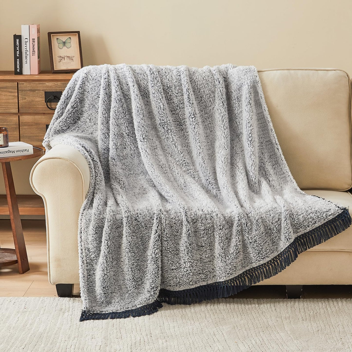EMME Soft Sherpa Fleece Blanket with Tassel, Reversible Plush Fluffy Large Blanket, Light Weight Warm Decorative Boho Blanket Cover for Sofa, Couch, Bedroom,Travel(Tassel Navy,50"x60")