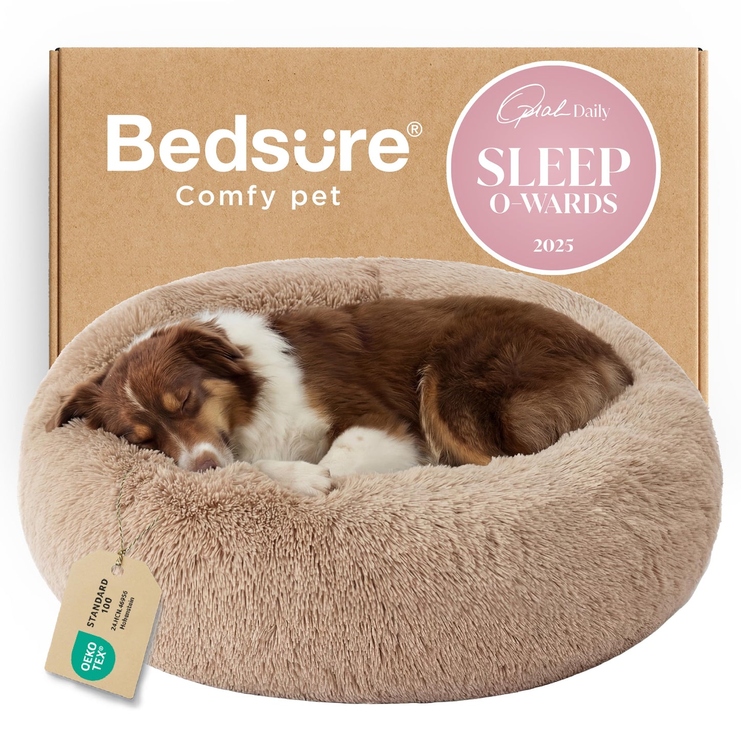 Bedsure Calming Dog Beds Large Sized Dog - Donut Washable Large Pet Bed, 36 inches Anti-Slip Round Fluffy Plush Faux Fur Dogs Bed, Fits up to 80 lbs Pets, Camel