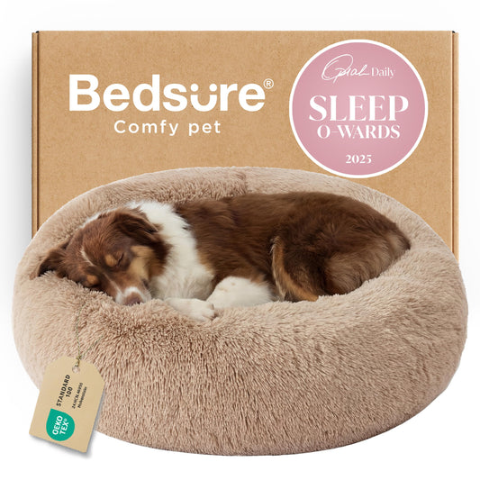 Bedsure Calming Dog Beds Large Sized Dog - Donut Washable Large Pet Bed, 36 inches Anti-Slip Round Fluffy Plush Faux Fur Dogs Bed, Fits up to 80 lbs Pets, Camel