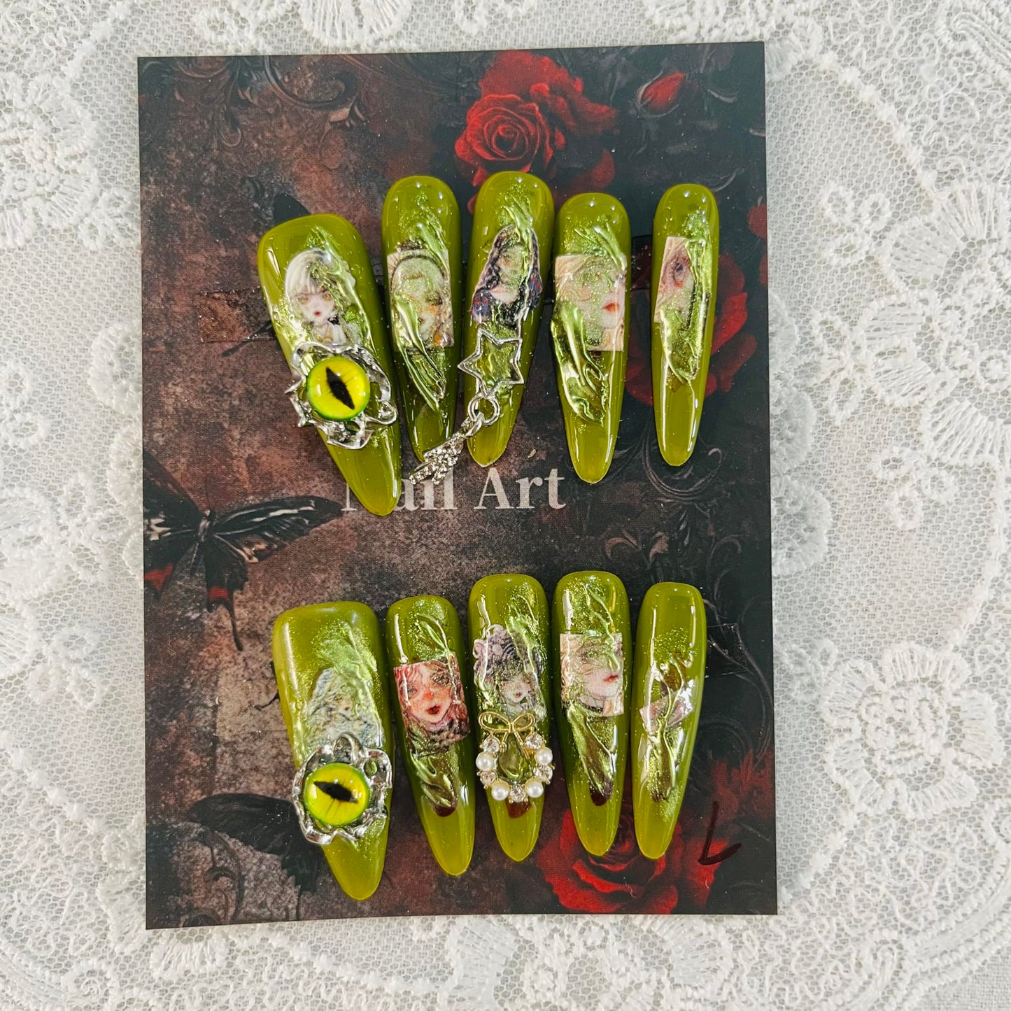 Press on Nails Handmade Nails 10Pcs Dark Gothic Style Manual Press on Nails Green Sculpture Fake Nails for Women Party Holiday Photo 4.0CM Size S