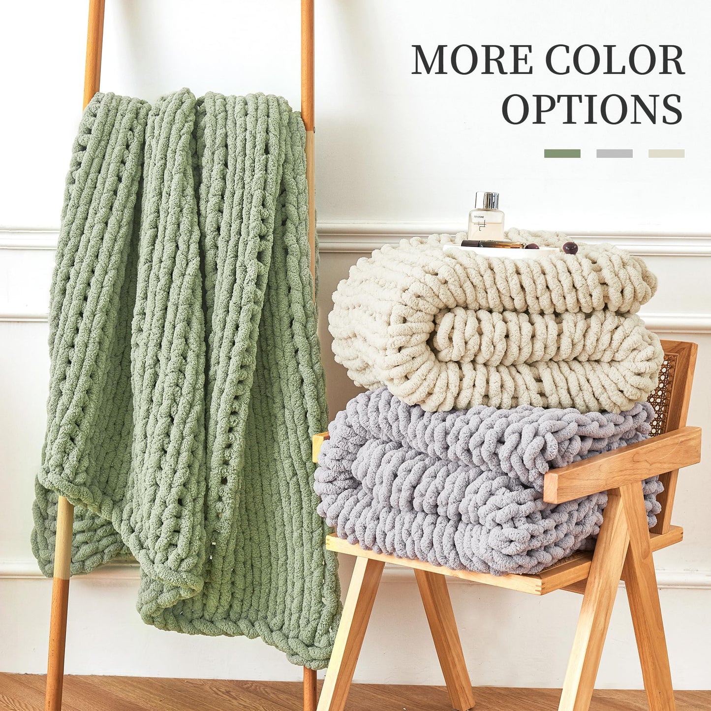 Admitrack Chunky Knit Blanket Throw, 100% Hand Knit Chenille Throw Blanket for Sofa & Home Decor, Soft and Cozy Knitted Throw Blankets (Sage Green，40"x50")