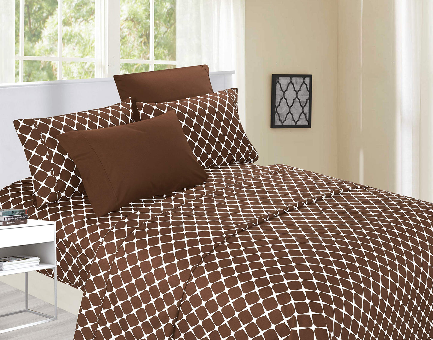 Elegant Comfort Luxury Softest and Coziest 6-Piece Bed Sheet Set, Wrinkle Resistant Milano Trellis Pattern-1500 Thread Count Egyptian Quality Microfiber Bedding Set, Queen, Chocolate Brown