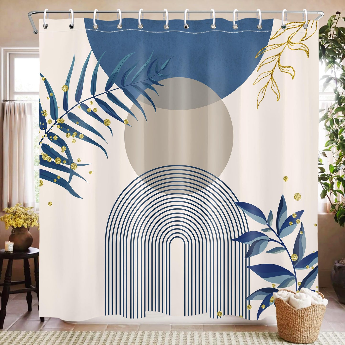 Mayormyth Boho Blue Shower Curtain Bohemian Modern Shower Curtains for Bathroom Decor Abstract Geometric Gold Plant Shower Curtain Set Polyester Waterproof Cloth Fabric with Hooks 72x72 Inches