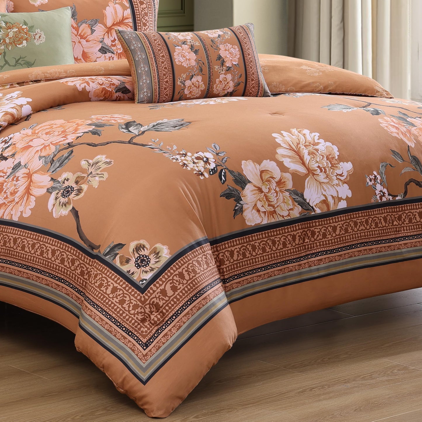 Bebejan Rossana 100% Cotton Sateen 5 Piece Comforter Set, Terracotta, Floral Reversible Bedding Comforter Set, 1 Comforter, 2 Shams & 2 Pillows (King/Cal King)