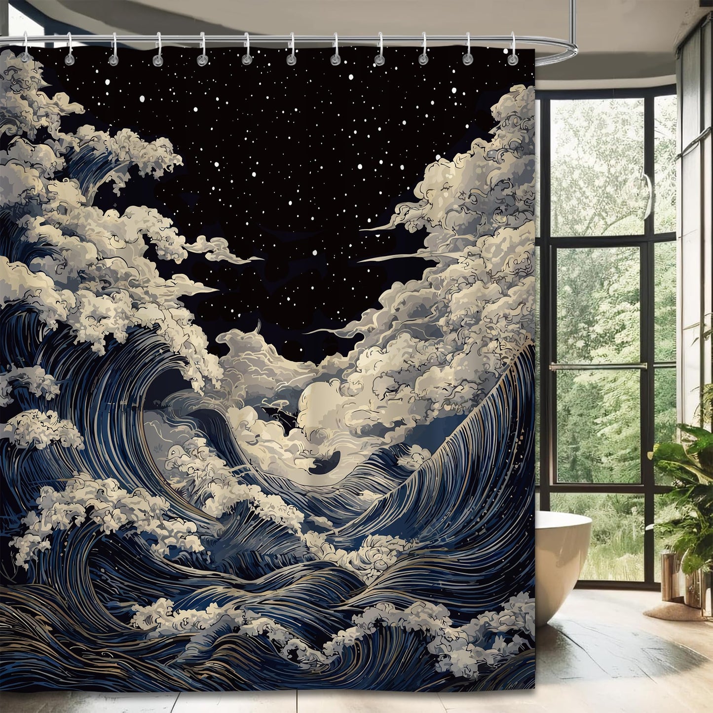 PAOPOED Anime Shower Curtain, Waterproof Fabric Bathroom Curtain with Hooks, 72 x 72 Inch, Japanese Wave Artistic Bathroom Decor