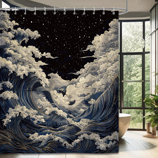 PAOPOED Anime Shower Curtain, Waterproof Fabric Bathroom Curtain with Hooks, 72 x 72 Inch, Japanese Wave Artistic Bathroom Decor