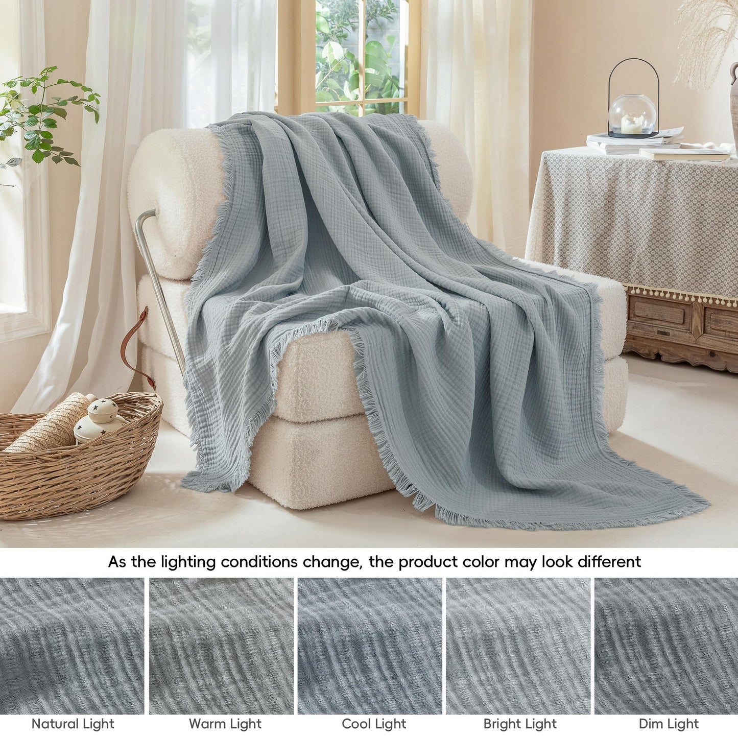 Muslin Fringe Blanket for Adults 100% Cotton 4-Layer Gauze Cloud Soft Breathable Lightweight All Season Throw Blanket for Bed Couch Sofa Office (Dusty Blue, Twin XL 66" × 90")