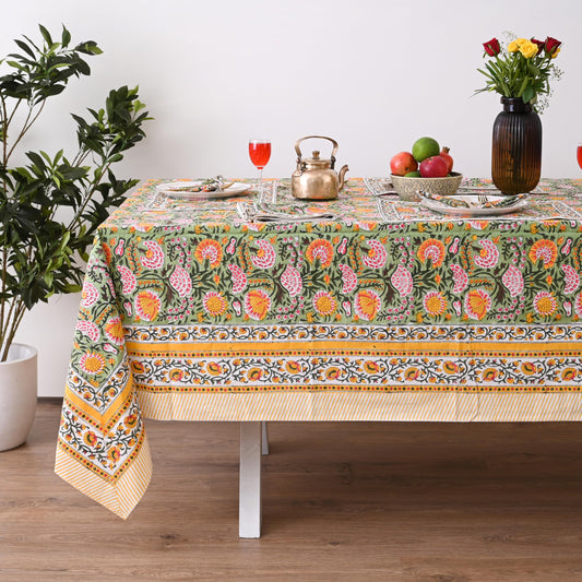 UrbanWeavers Hand Block Printed Tablecloth, Daisy Sunshine, 6 Seater 60 x 90 Inches Rectangle, Colorful Floral Print, Indian Artisan Handmade Art, Dining Room, Kitchen, Outdoor Décor, Party Decor