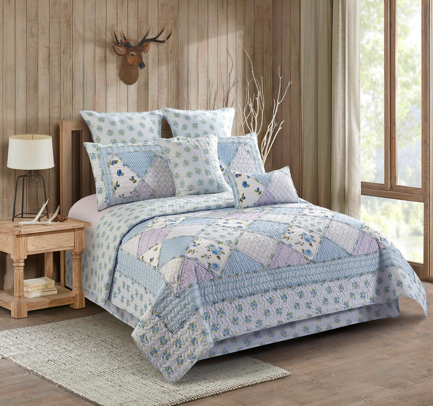 Virah Bella 3 Piece Full/Queen Lodge Quilt Bedding Set - Rustic Country Reversible Comforter Set with Decorative Pillow Shams - Garden of Blues
