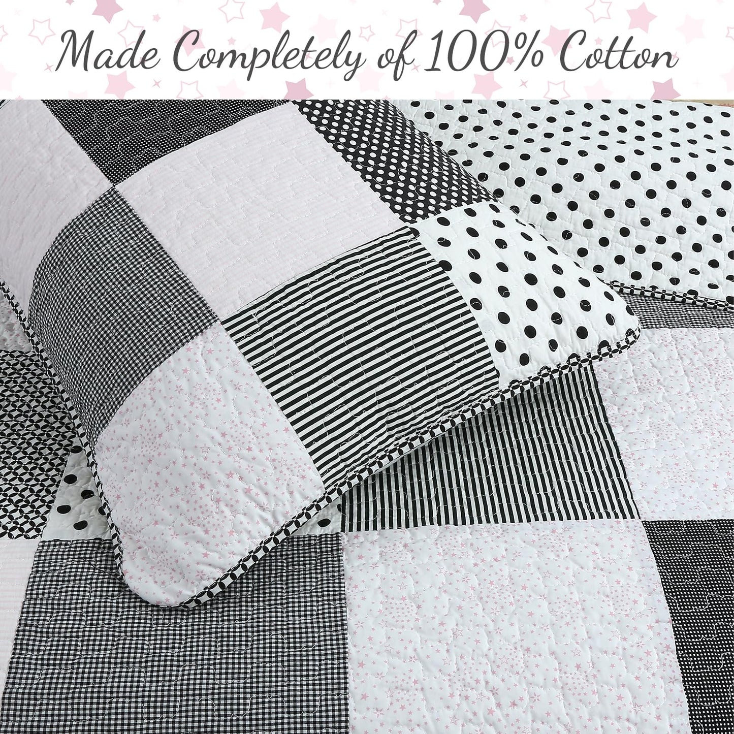 Cozy Line Home Fashions Black White Pink Polka Dots Striped Star Girl 100% Cotton Reversible Quilt Bedding Set, All-Season Coverlet Bedspread (Black Pink, Twin - 2 Piece)