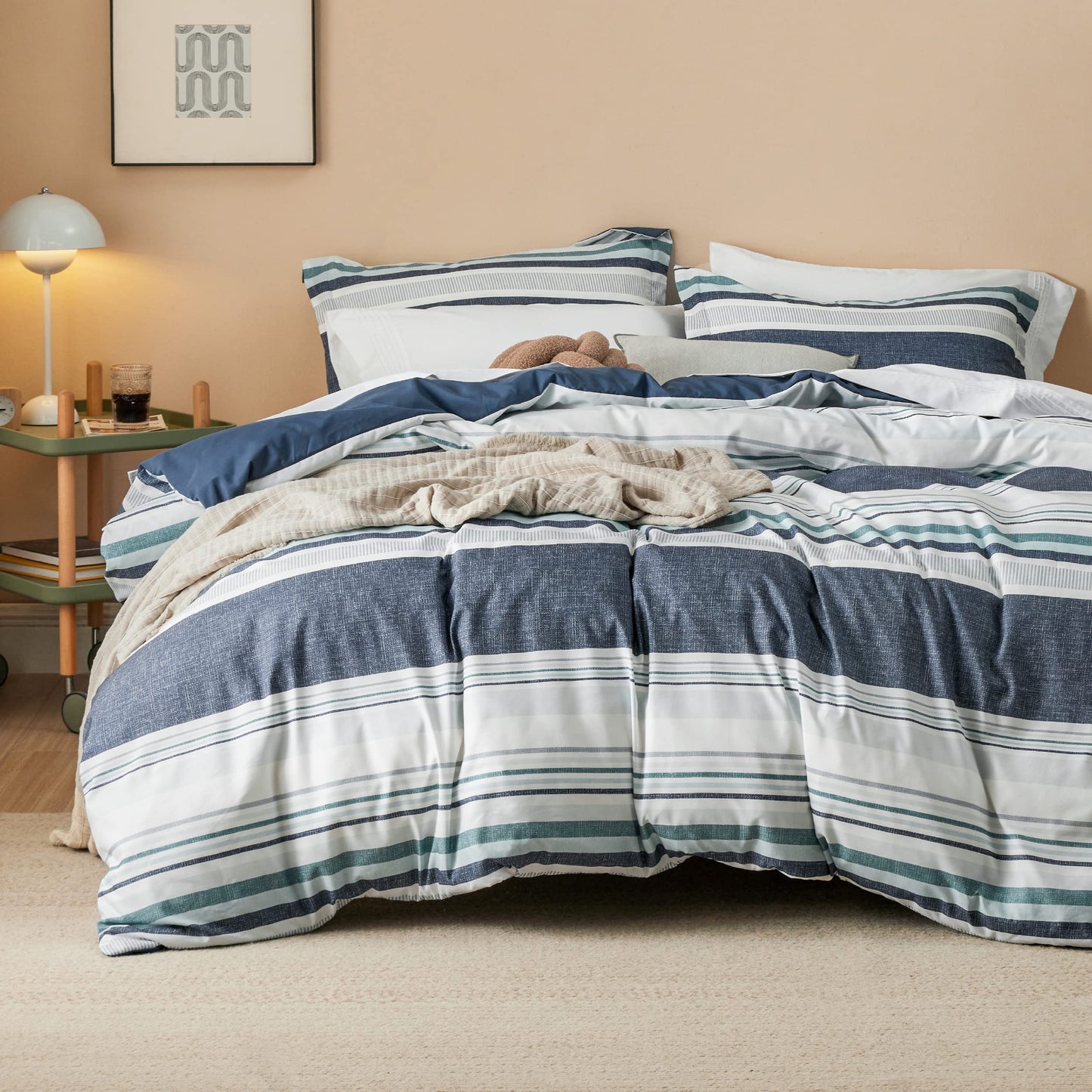 Bedsure Duvet Cover King Size - Reversible Striped Duvet Cover Set with Zipper Closure, 3 Pieces Blue Bedding Set with 8 Corner Ties and 2 Pillow Shams 20"x36"