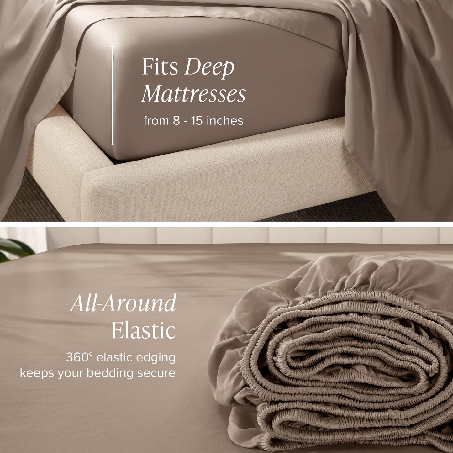 Bare Home 100% Organic Cotton Sateen Fitted Sheet - 400 Thread Count - Smooth Sateen Weave - Breathable & Cooling - Hotel Luxury - Durable Fitted Sheet - Deep Pocket (King, Taupe)