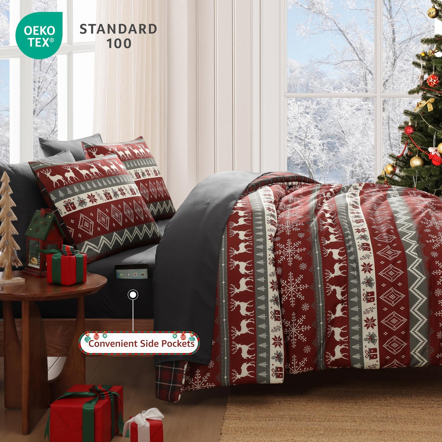 MaiRêve Christmas Queen Comforter Set, Red Reindeer Snowflake Bed Set for Holiday, Reversible Plaid Checkered Comforter Bed in a Bag, Soft Bedding Set 7 Pieces with Sheets, Pillowcases & Shams