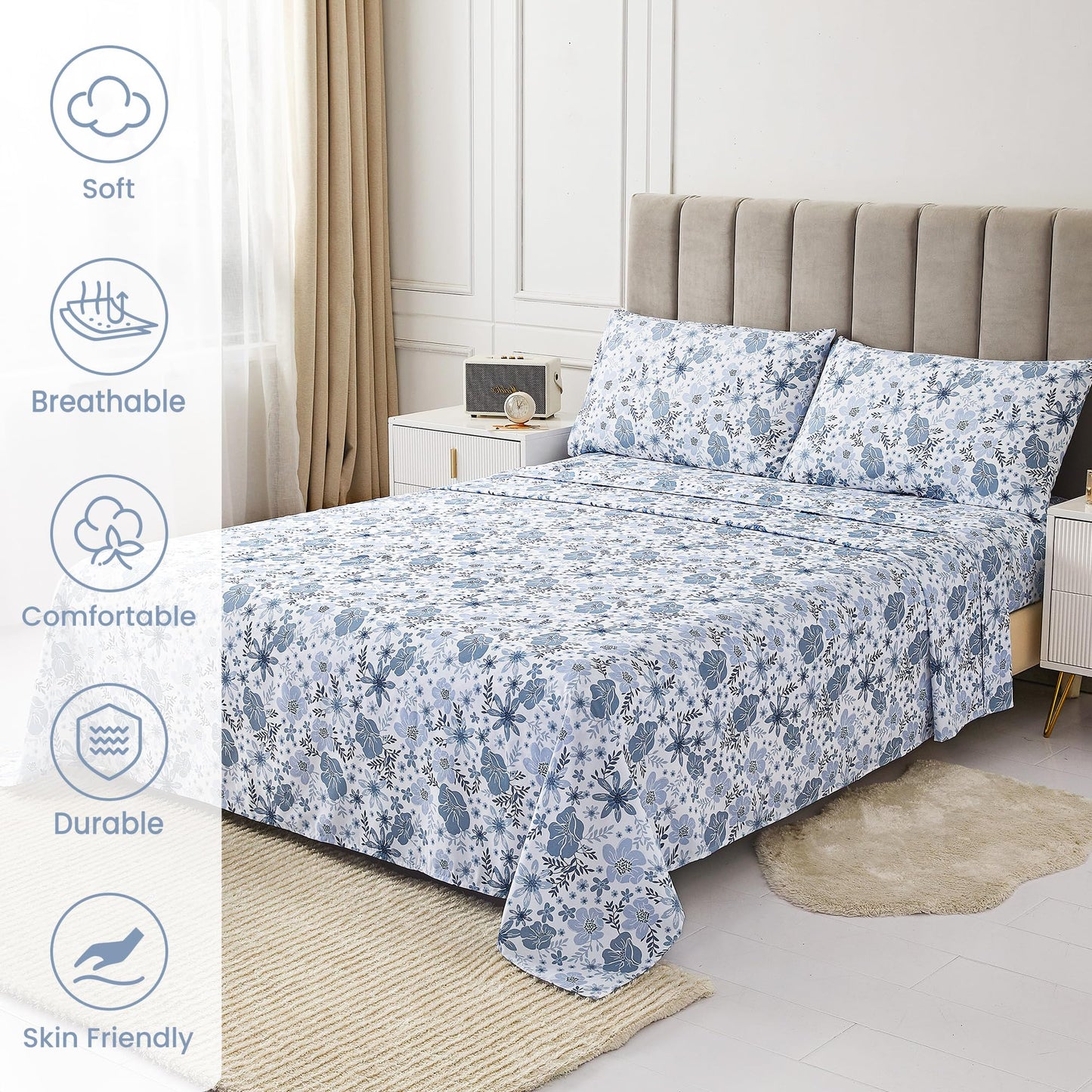 Mooreeke Queen Size Sheets Set - 4 Piece Soft Breathable Microfiber Bed Sheet Set - Blue & White Flower Pattern Sheet Set Queen - Deep Pocket Non-Slip Floral Fitted Sheet Included for All Season