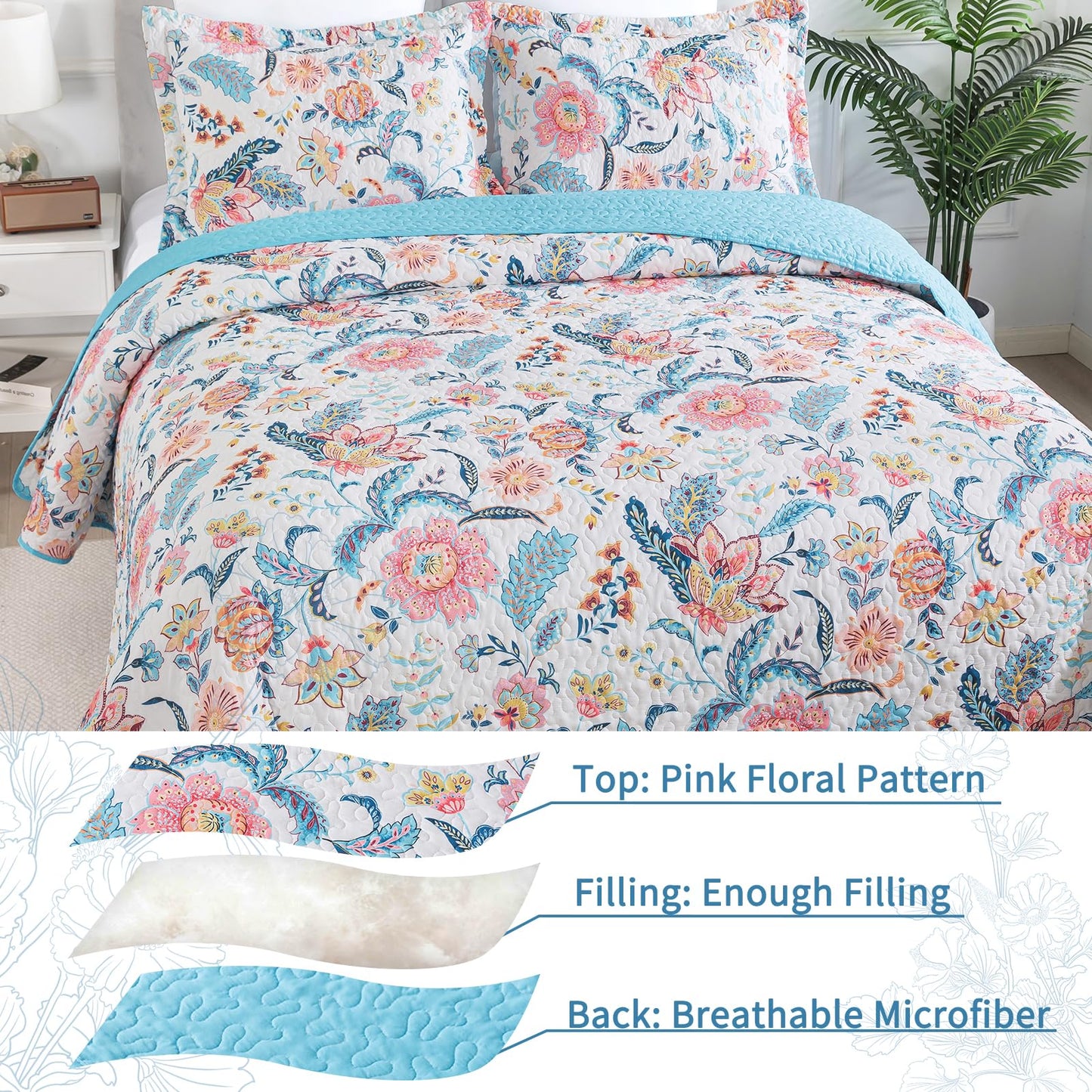 VAPUTAR Pink Queen Size Quilt Bedding Set for Adults - Farmhouse Queen Bedspread (90 x 98 inch) with 2 Pillow Shams - Lightweight Reversible Coverlet Quilt for Bedroom, 3 Pieces