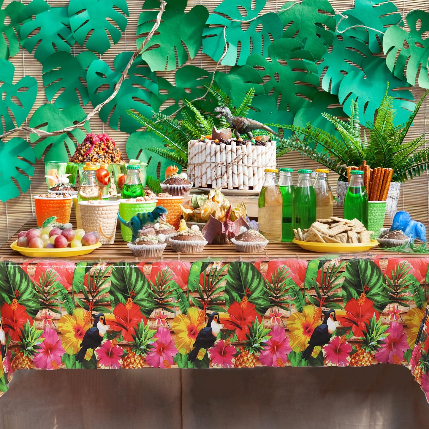 Kochorie 100 Ft X 54 Inch Hawaiian Luau Party Tablecloth Roll with Cutter Box, Disposable Plastic Hawaii Tiki Totem Table Cover, Aloha Tropical Floral Table Decorations for Summer Beach Pool Birthday