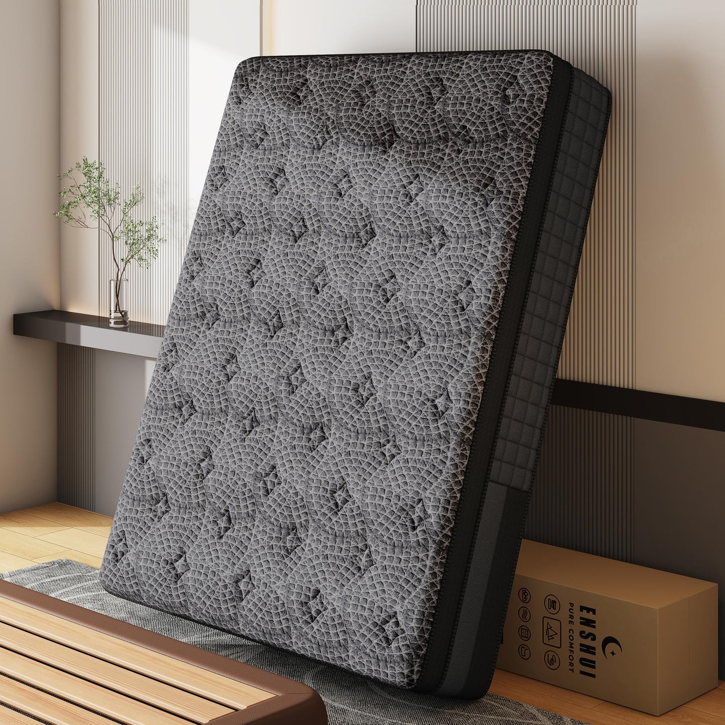 ENSHUI Twin Mattress,12 Inch Hybrid Mattress in a Box，Medium Firm Mattresses with Gel Memory Foam & Pocket Springs, Pressure Relief, Cooling,Edge Support, 365 Night Trial（Horizontal bar Side）
