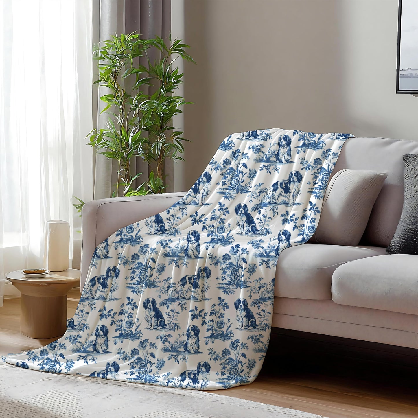 BUJSP Chinoiserie Cavalier King Charles Spaniel Blanket, Cavalier King Charles Spaniel Gifts, Blue and White French Country Toile Dog Throw Blanket for Home Bedroom Couch Bed Decor, 50x60 Inches