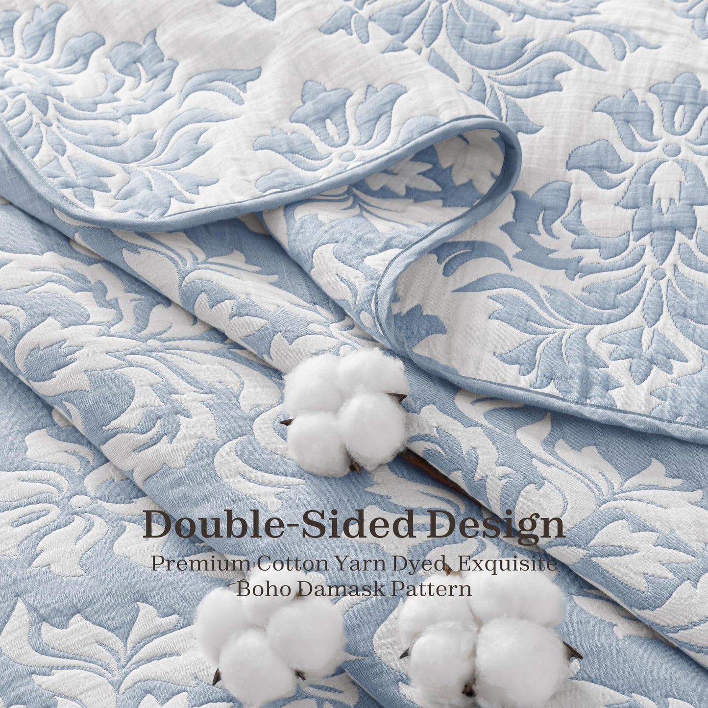 Exclusivo Mezcla Cotton Quilts King Size Blue, Soft Lightweight Bedspread Breathable Prewashed Bed Coverlet with 2 Pillow Shams, Boho Pattern Yarn Dyed Muslin Quilt Bedding Set for All Seasons