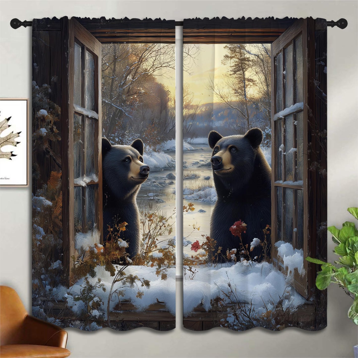 Black Bear Boy Girls Blackout Curtains,Rustic Winter Snow Scene Country Farmhouse Wildlife Vintage, 2 Panel Rod Pocket Thermal Insulated Drapes for Bedroom, Living, Kids Teen Room Deco 55x63 inch