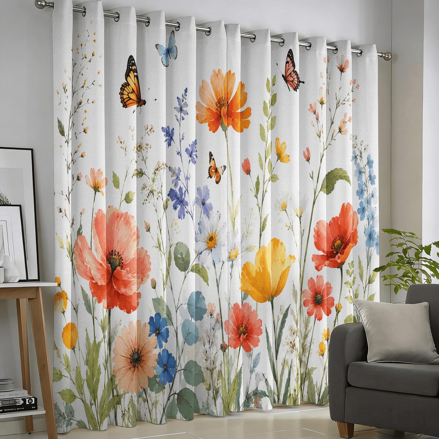Spring Watercolor Wildflower Butterfly Blackout Curtains, 2 Panels, 29.5"W x 63"L, Colorful Meadow Floral Window Drapes, Thermal Insulated Darkening Botanical Curtains for Bedroom Nursery Living Room