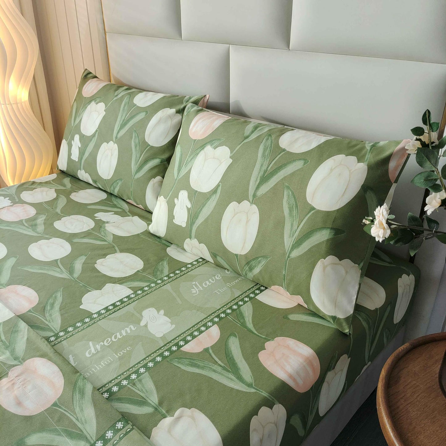 SDIII 4PCS Rabbit and Green Floral Bed Sheets Twin Set, Soft Microfiber Twin Bed Sheets Floral, Botanical Bedding Sheet All Season