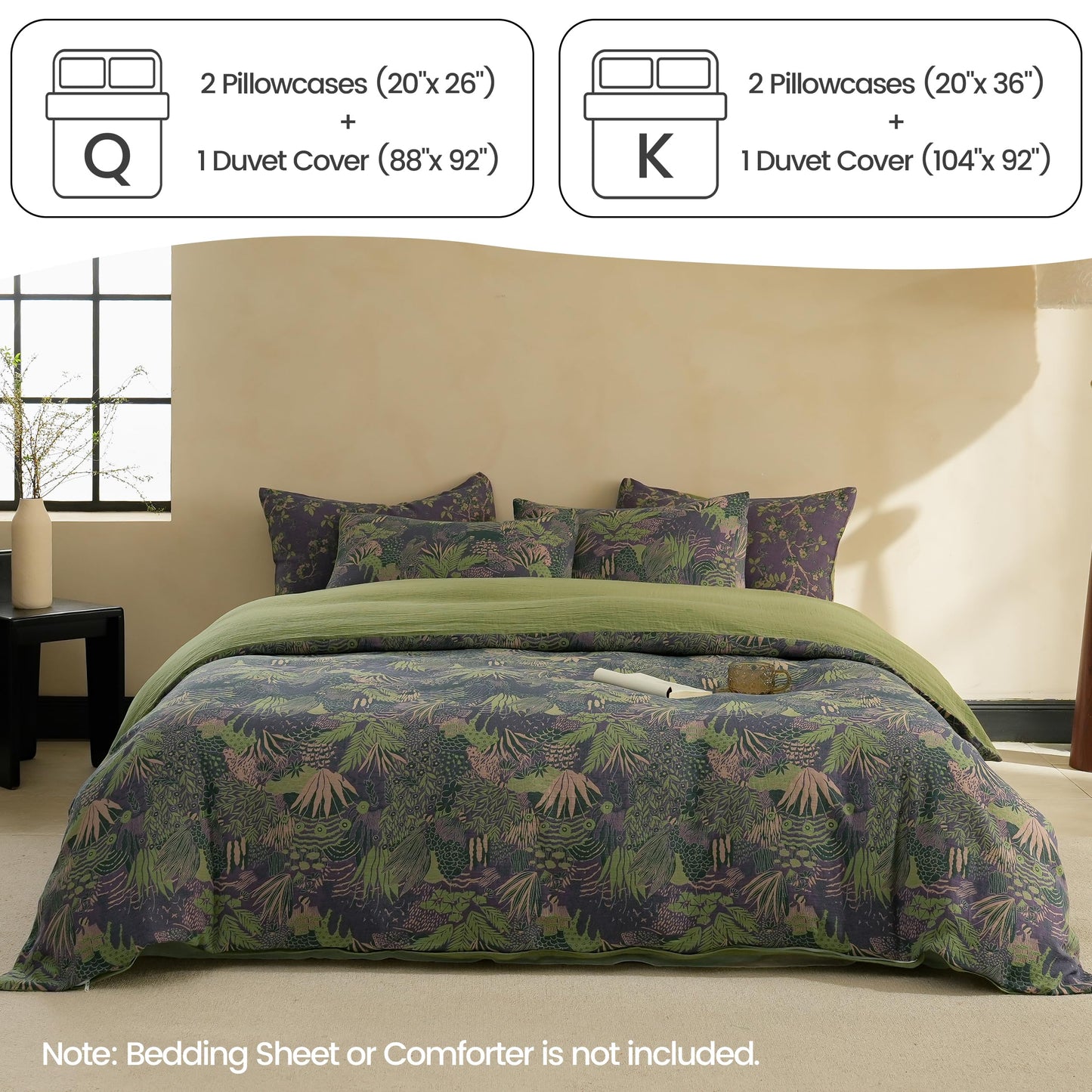 BISELINA 100% Cotton Muslin Duvet Cover Set Queen, 3 Pcs Yarn-Dyed Jacquard Textured Reversible Botanical Floral, Soft and Breathable Bedding Set with Zipper Closure, Purple Green