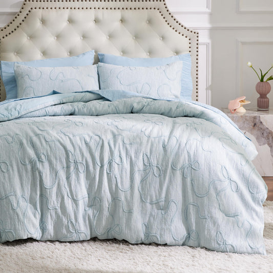 Bedsure Dusty Blue King Size Comforter Set, GentleSoft™ 3 Pieces Breathable Bow Comforter Set Women with 2 Pillow Shams, Cute King Bedding Set Room Decor Aesthetic Bedroom Decor, 104x90 Inches