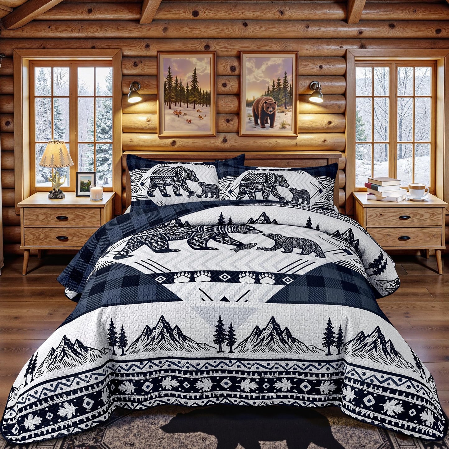 3 Piece Cabin Full/Queen Quilt Sets Farmhouse Rustic Reversible Microfiber Soft Lightweight Bedspread Comforter with 2 Shams Patchwork Country Lodge Bedding Quilts Set for All Season, 90''x96'' , Blue