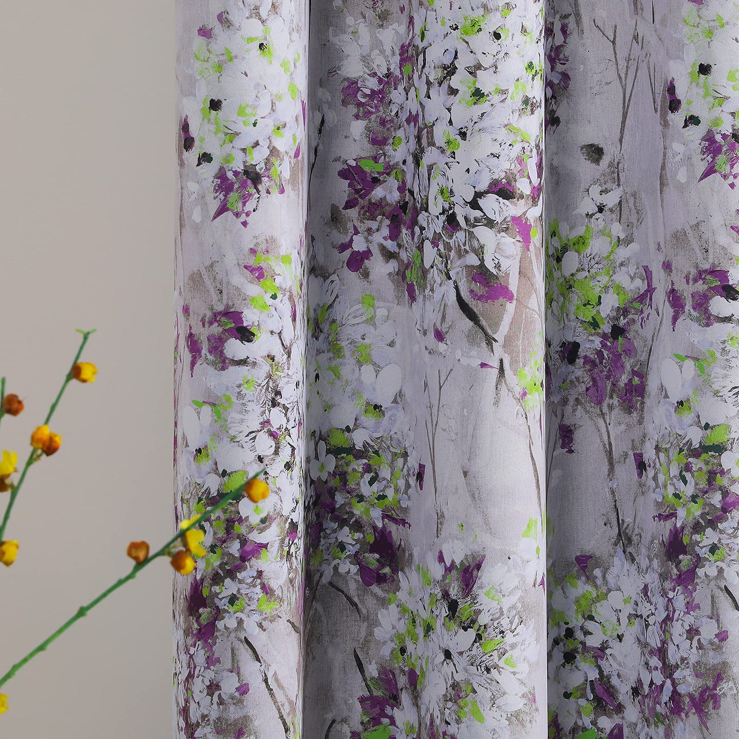 MYSKY HOME Purple Curtains 84 Inch Long 2 Panel Thermal Insulated Half-Blackout Flowers and Leaves Printed Curtains with Grommet