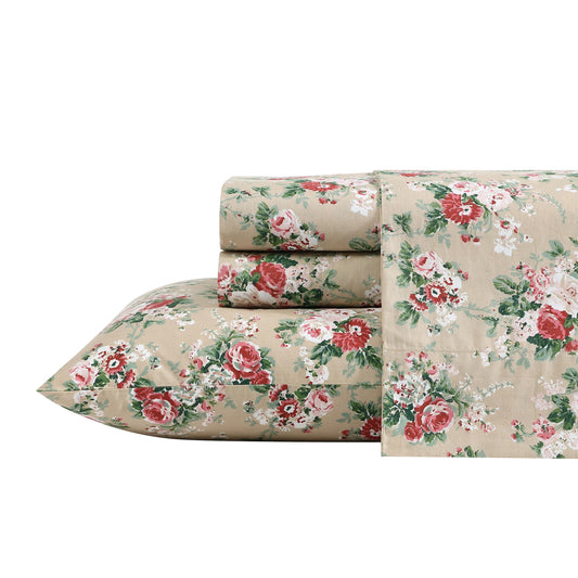 Laura Ashley – Twin Size Sheet Set, Crisp & Lightweight Cotton Percale Bedding with Fitted Sheet and Pillowcase, Floral Room Decor, Deep Pocket, College Dorm Room Essentials (Ashfield Beige)