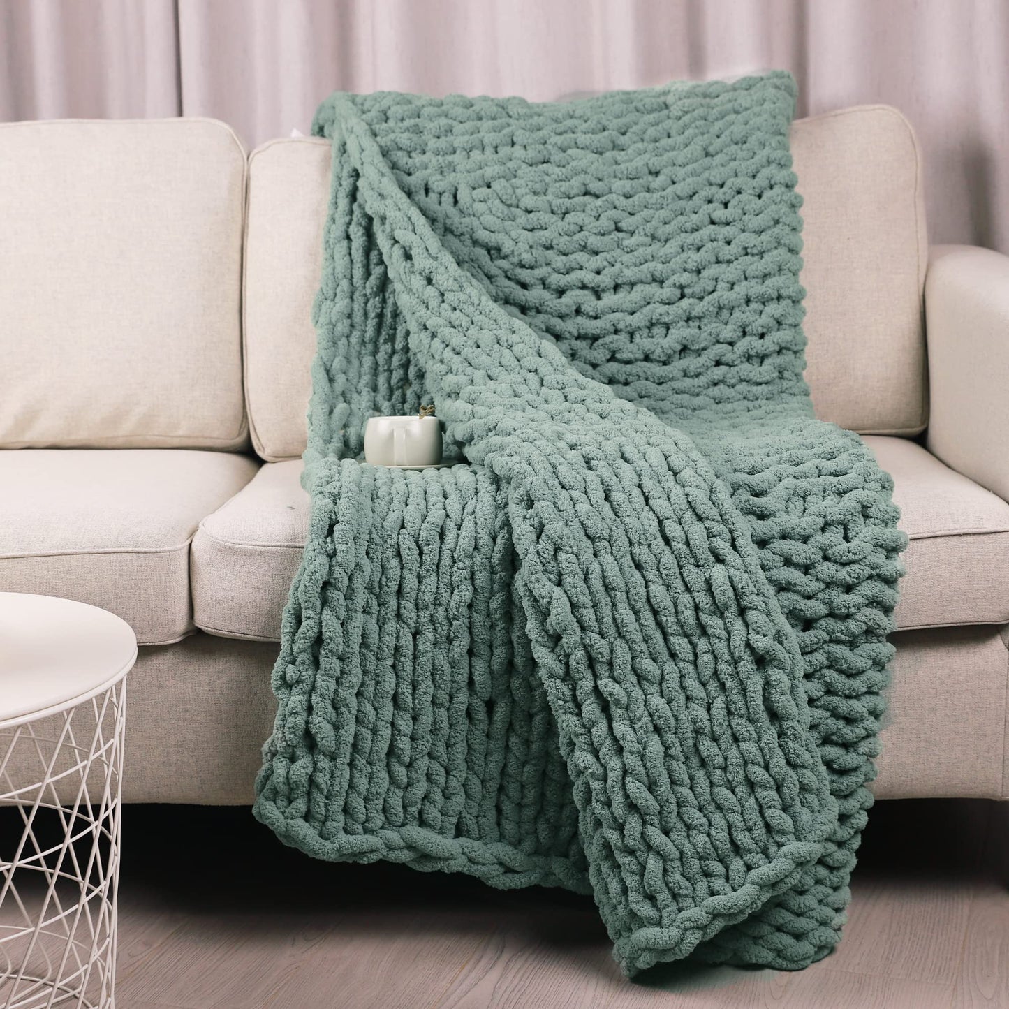 Carriediosa Chunky Knit Throw Blanket & Cable Knit Throw Blanket， 50" X 60" Sage Green