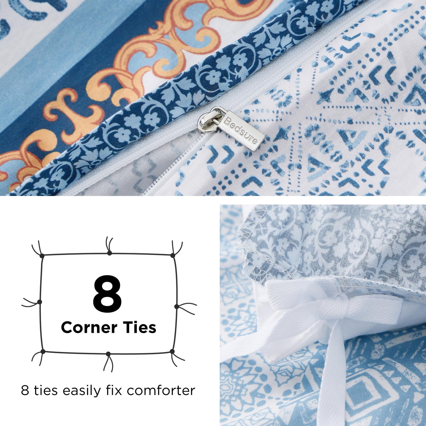 Bedsure Duvet Cover Queen Size - 100% Cotton Reversible Floral Queen Duvet Cover Set with Zipper Closure, 3 Pieces Soft & Breathable PureWoven Bohemian Blue Bedding Set with 2 Pillow Shams 20"x26"