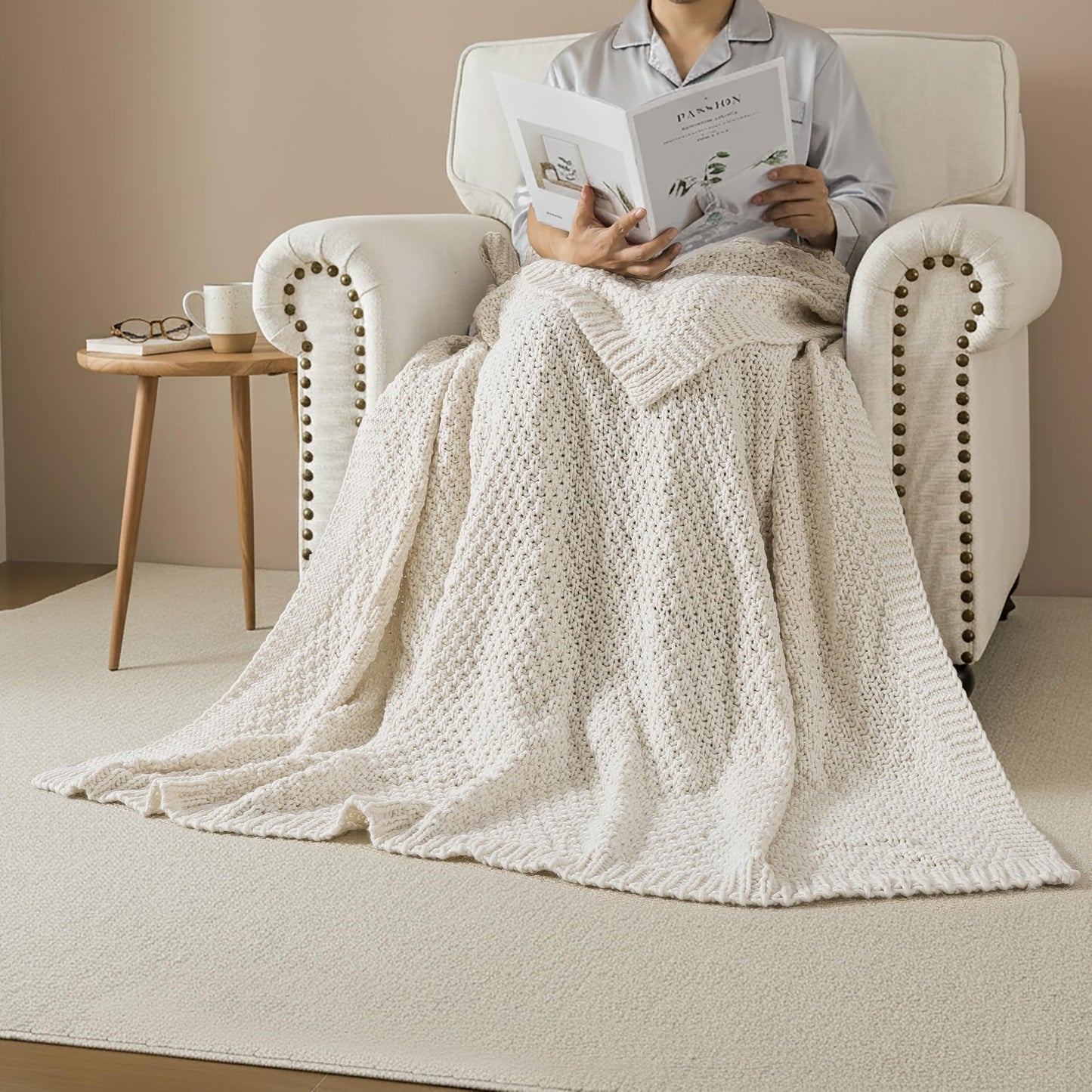 WDCOZY Chunky Cable Knit Throw Blanket Super Soft Warm Knitted Throw Blanket for Couch, Sofa, Chair, Bed Lightweight Breathable Cozy Comfortable Home Decorative Ivory Cream White 50x60 Inches