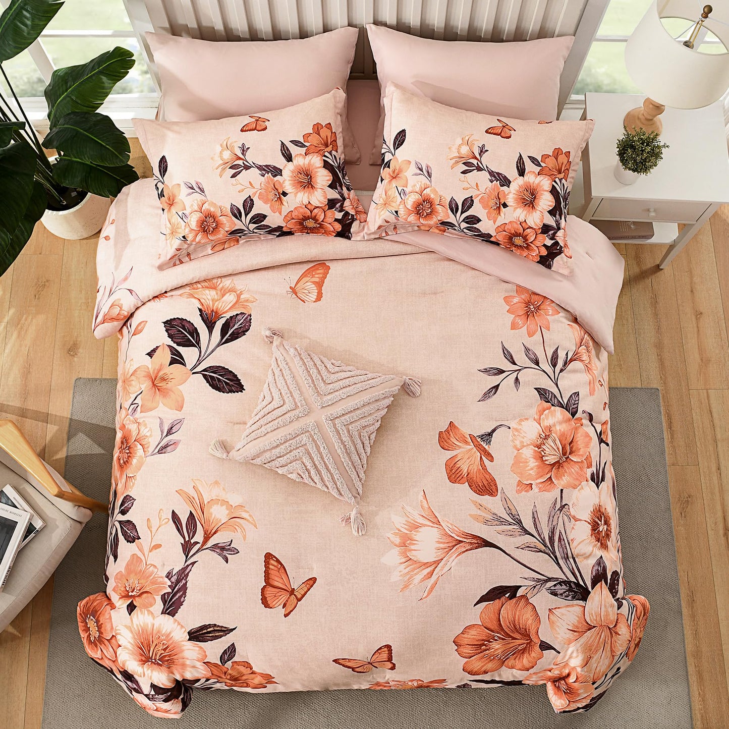 DHSFKBE Floral Comforter Set Queen Size,7 Piece Orange Bed in a Bag, Elegant Flower Pattern Comforter Set with Sheet, Soft Microfiber Complete Bedding Sets for All Season